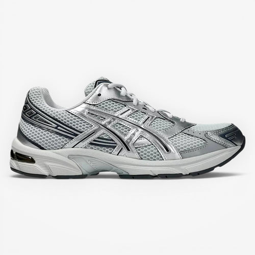 METRO ASICS GEL-1130 sneakers in Glacier Grey and Pure Silver. Mesh and synthetic leather upper with metallic accents.