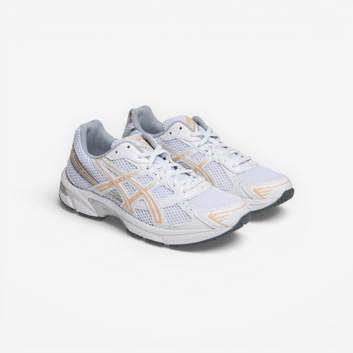 METRO ASICS GEL-1130 white and bisque mesh and leather running shoes with GEL cushioning.
