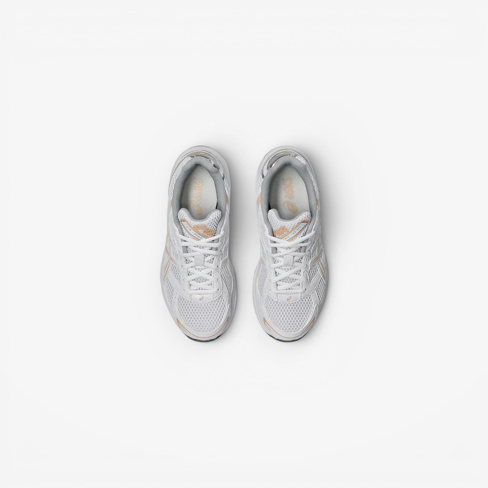 METRO ASICS GEL-1130 white and bisque mesh and leather running shoes with GEL cushioning.