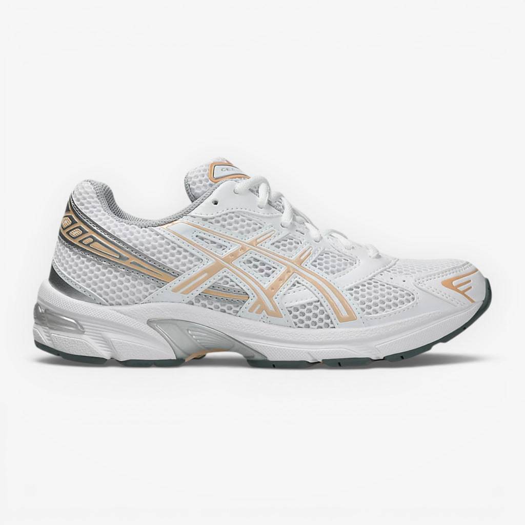 METRO ASICS GEL-1130 white and bisque mesh and leather running shoes with GEL cushioning.