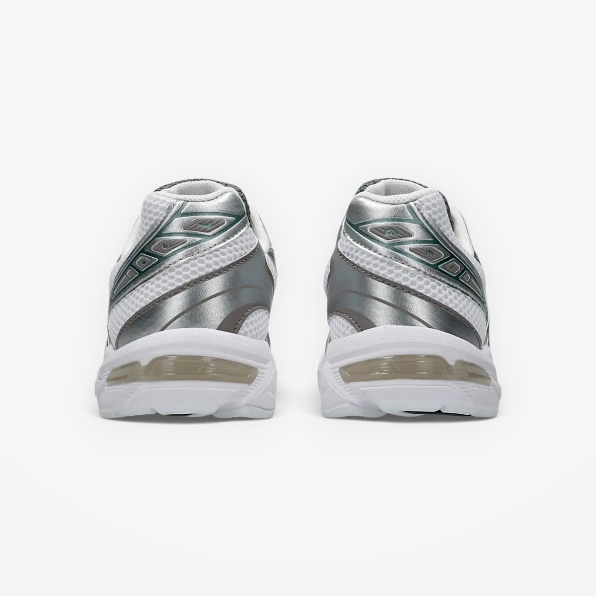Rear view of METRO ASICS GEL-1130 sneakers in white and forest night with metallic silver accents and GEL heel cushioning.