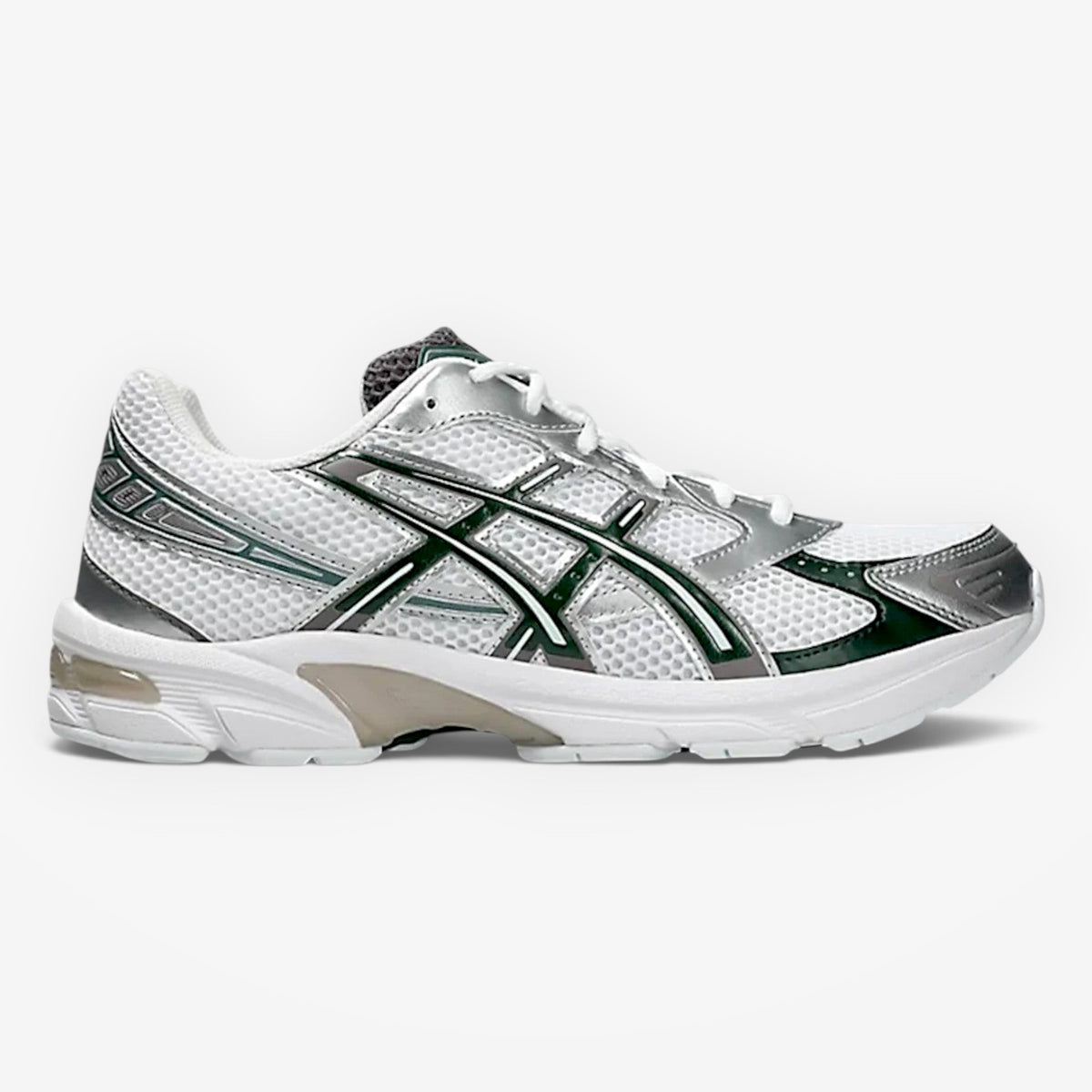 METRO ASICS GEL-1130 sneaker in white and forest night with breathable mesh and synthetic leather overlays.