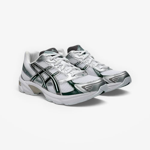 METRO ASICS GEL-1130 sneakers in white and forest night with mesh and synthetic leather layered design.