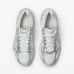 METRO ASICS GEL-Cumulus 16 white and silver mesh running shoes with synthetic overlays and lace-up closure.