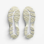 METRO ASICS GEL-Cumulus 16 white and silver running shoes, sole view. Breathable mesh and synthetic overlays.