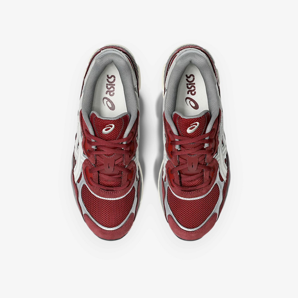 METRO ASICS GEL-NYC sneakers in beet juice red and seal grey with a layered mesh and suede design, top-down view.