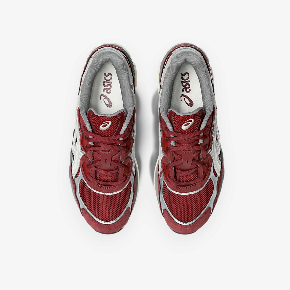 METRO ASICS GEL-NYC sneakers in beet juice red and seal grey with a layered mesh and suede design, top-down view.