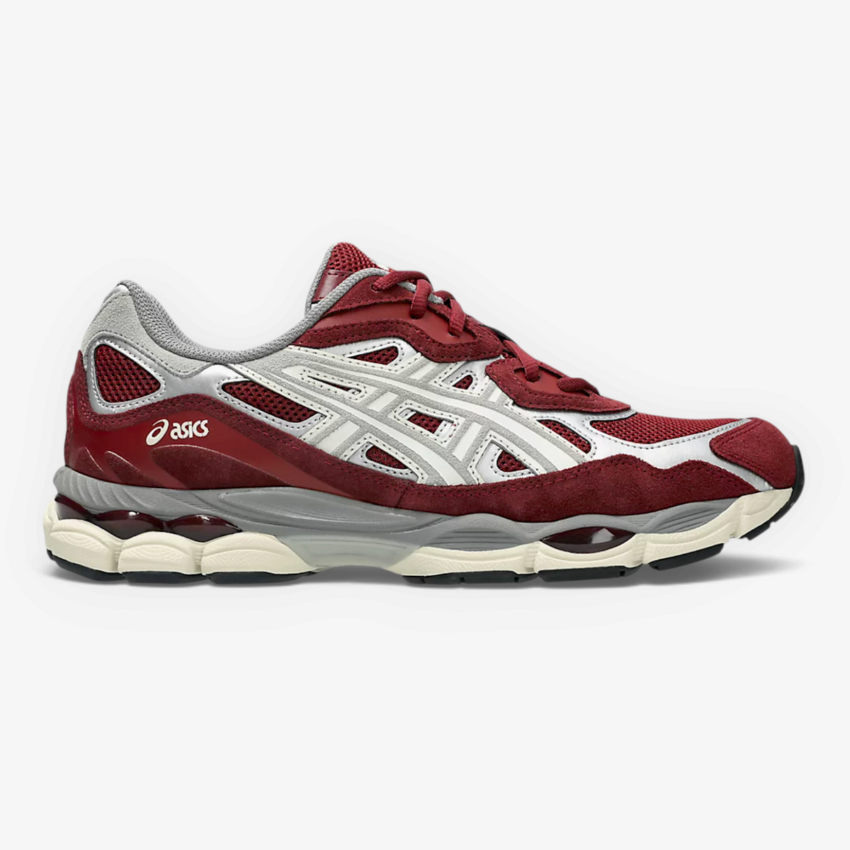 METRO ASICS GEL-NYC sneaker in beet juice red and seal grey with layered mesh and suede design