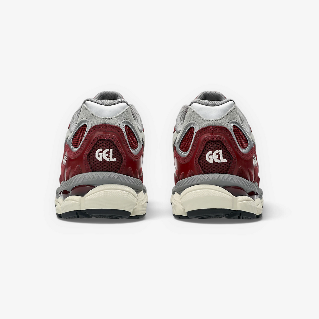 METRO ASICS GEL-NYC sneakers in beet juice and seal grey, showing the rear view with GEL branding and layered design.