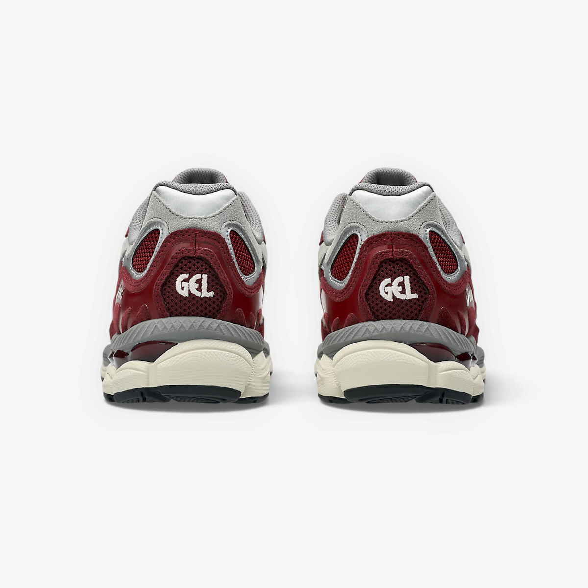 METRO ASICS GEL-NYC sneakers in beet juice and seal grey, showing the rear view with GEL branding and layered design.