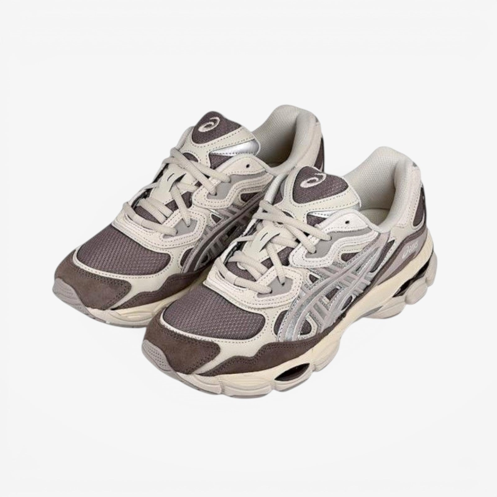 METRO ASICS GEL-NYC sneakers in Cocoa Powder and Pure Silver, featuring mesh, suede overlays, and GEL cushioning.