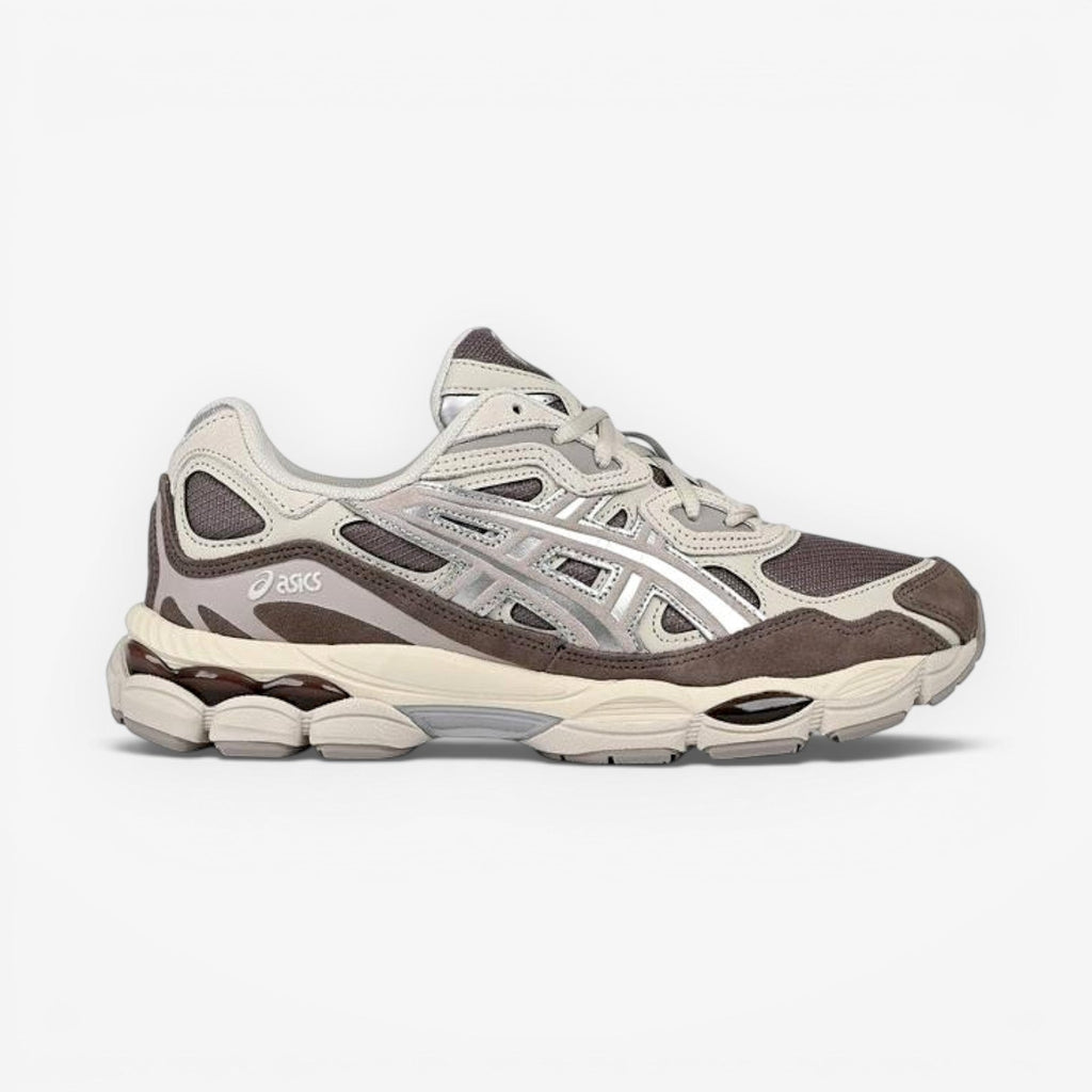 METRO ASICS GEL-NYC sneakers in Cocoa Powder brown with Pure Silver accents, mesh and suede overlays, and GEL cushioning.