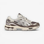 METRO ASICS GEL-NYC sneakers in Cocoa Powder brown with Pure Silver accents, mesh and suede overlays, and GEL cushioning.