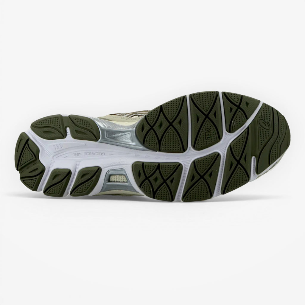 METRO ASICS GEL-NYC running shoes in Khaki and Pure Silver with mesh and suede overlays and GEL cushioning.