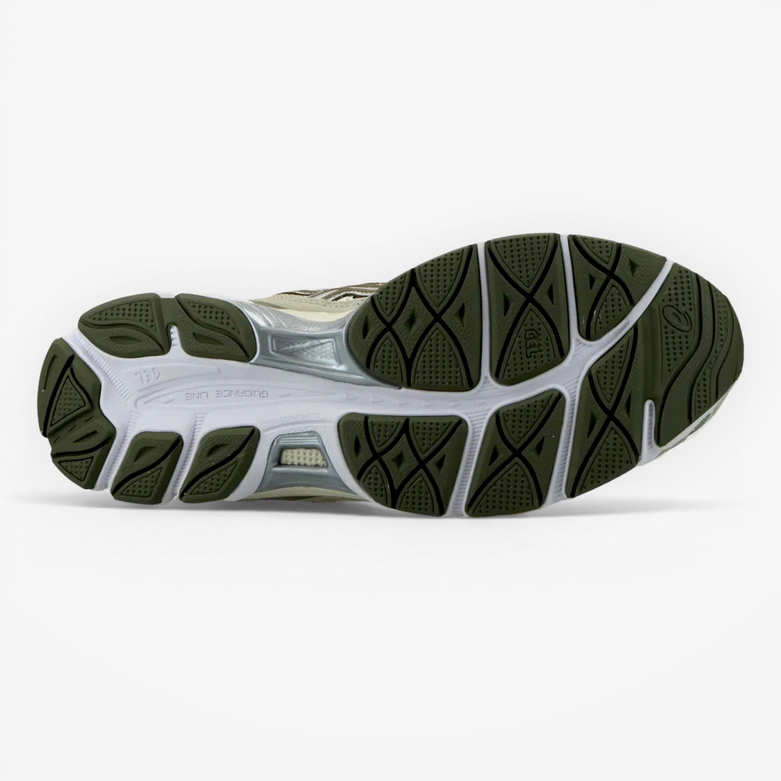 METRO ASICS GEL-NYC running shoes in Khaki and Pure Silver with mesh and suede overlays and GEL cushioning.