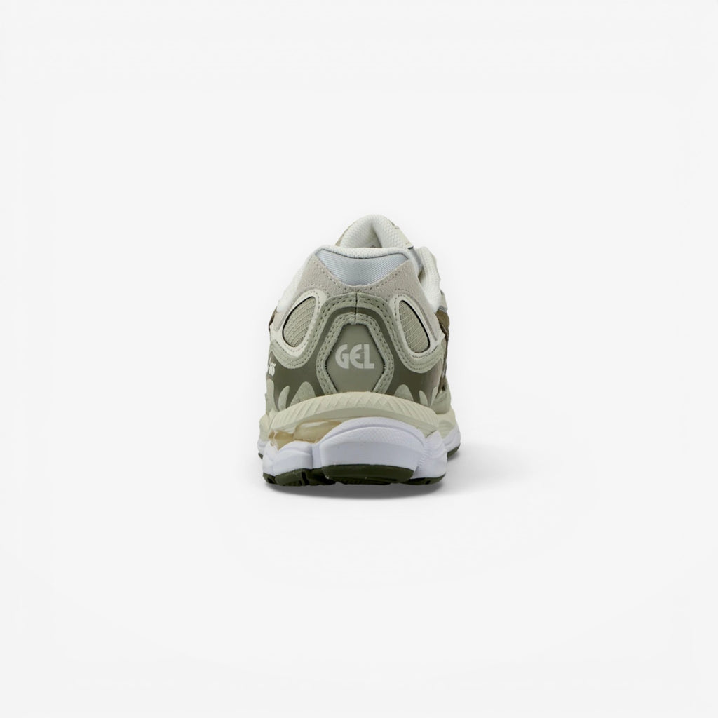 METRO ASICS GEL-NYC sneakers in Khaki and Pure Silver with GEL cushioning and mesh upper.