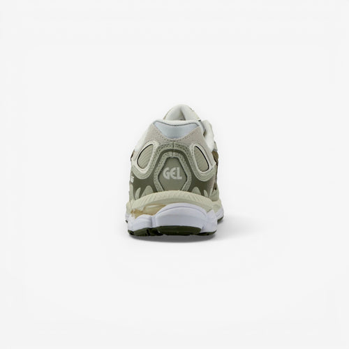 METRO ASICS GEL-NYC sneakers in Khaki and Pure Silver with GEL cushioning and mesh upper.