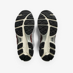 METRO ASICS GEL-NYC sneakers in beet juice and seal grey, showing the detailed black and cream rubber outsole tread.
