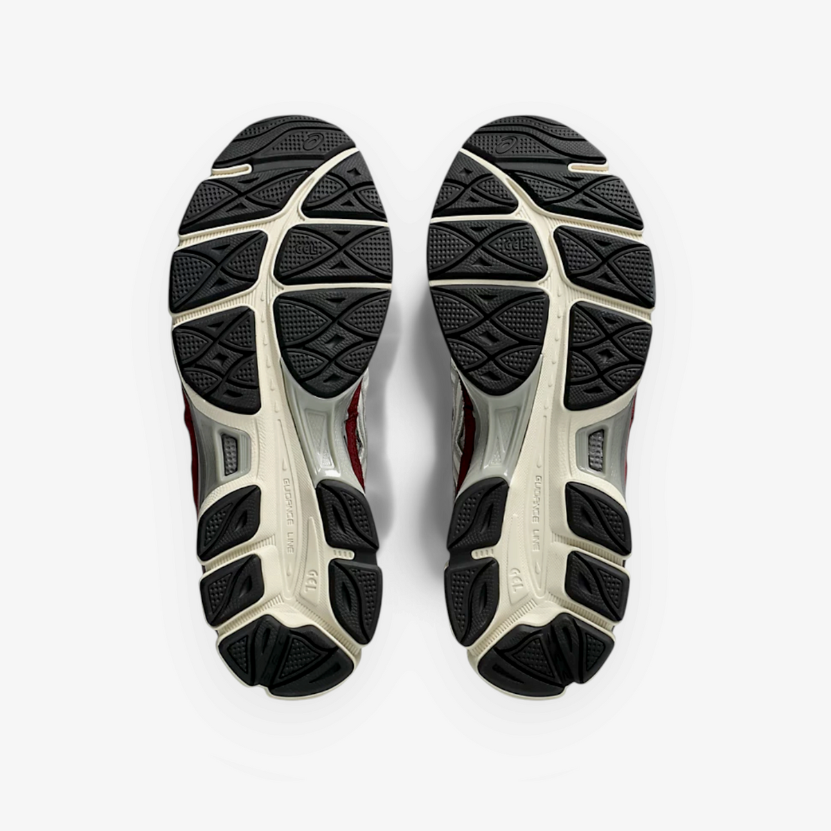 METRO ASICS GEL-NYC sneakers in beet juice and seal grey, showing the detailed black and cream rubber outsole tread.