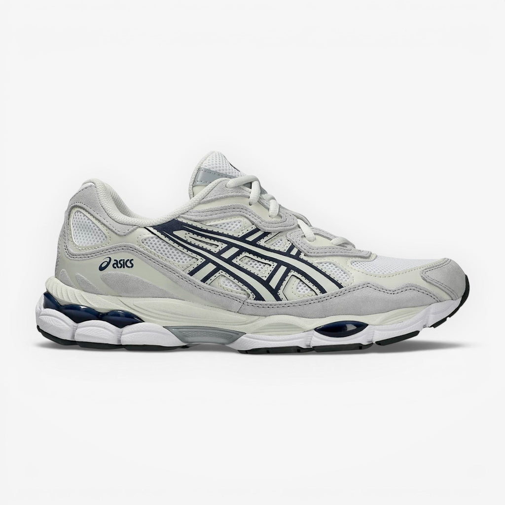 METRO ASICS GEL-NYC sneaker in white and midnight with mesh upper, suede overlays, and GEL cushioning technology.
