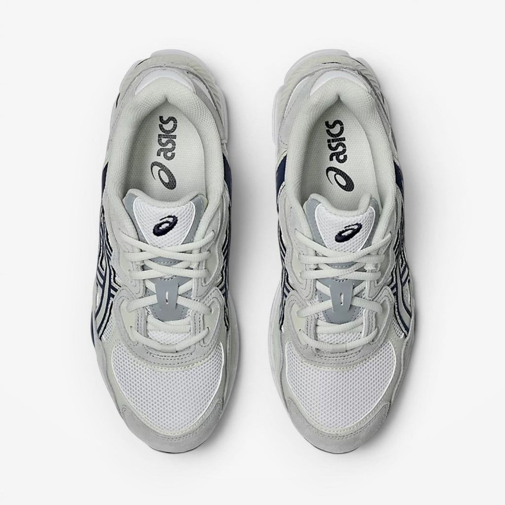 METRO ASICS GEL-NYC sneakers in white and midnight with mesh and suede upper, top-down view.