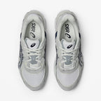 METRO ASICS GEL-NYC sneakers in white and midnight with mesh and suede upper, top-down view.