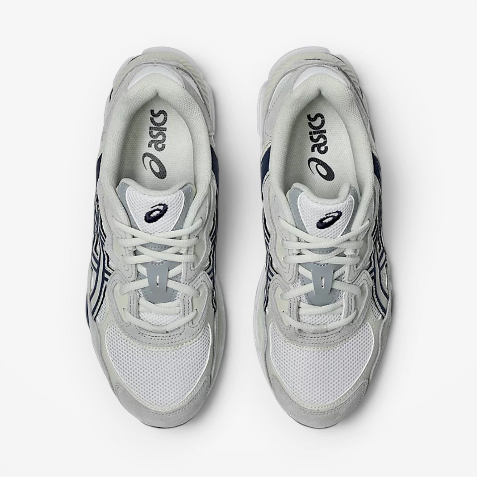METRO ASICS GEL-NYC sneakers in white and midnight with mesh and suede upper, top-down view.