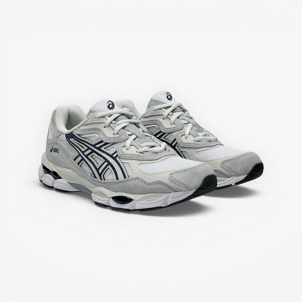 METRO ASICS GEL-NYC sneakers in white and midnight with breathable mesh, suede overlays, and GEL cushioning.