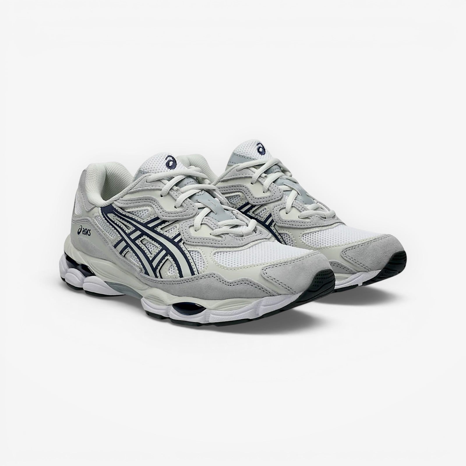 METRO ASICS GEL-NYC sneakers in white and midnight with breathable mesh, suede overlays, and GEL cushioning.