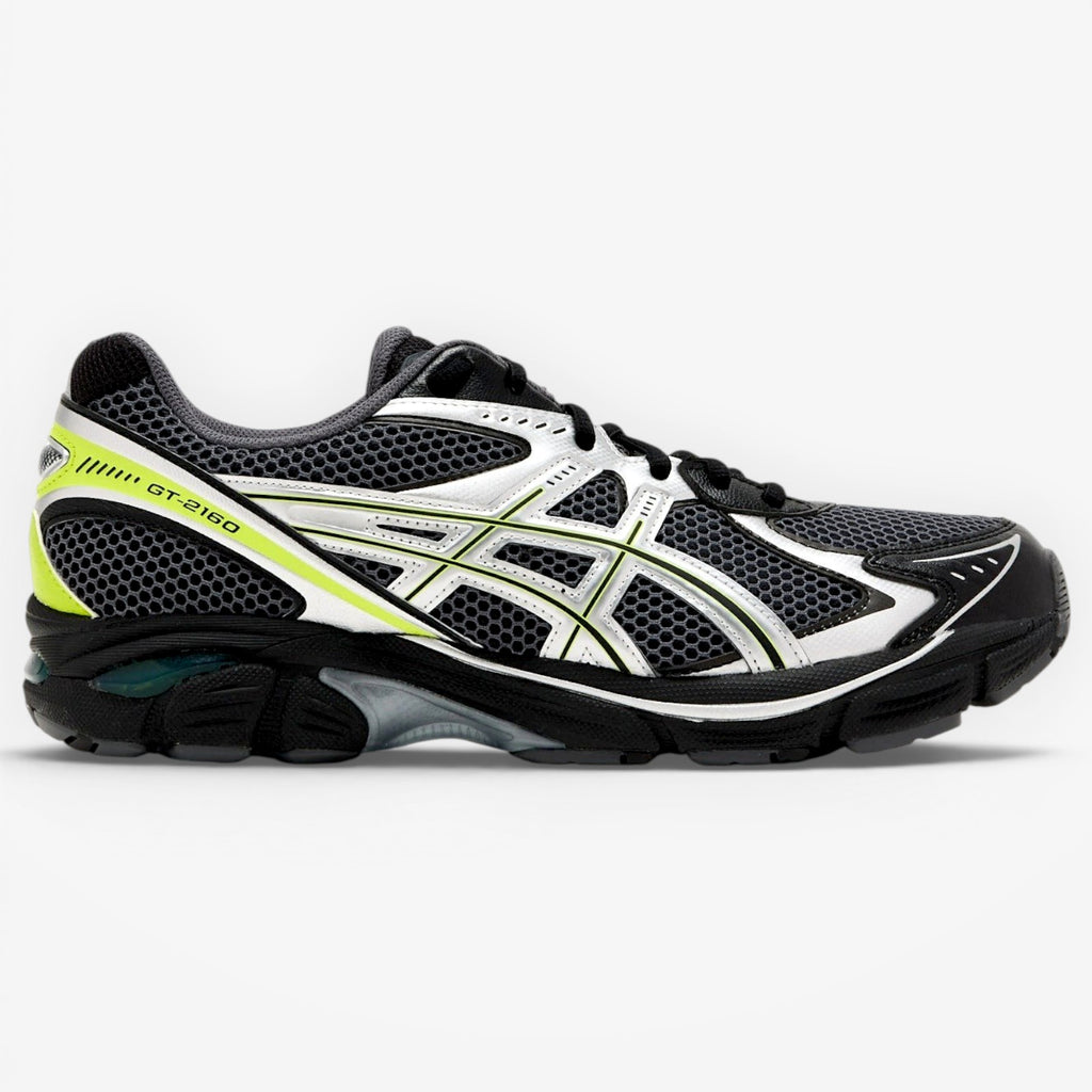 METRO ASICS GT-2160 black and lime zest mesh running shoes with silver accents and GEL cushioning.