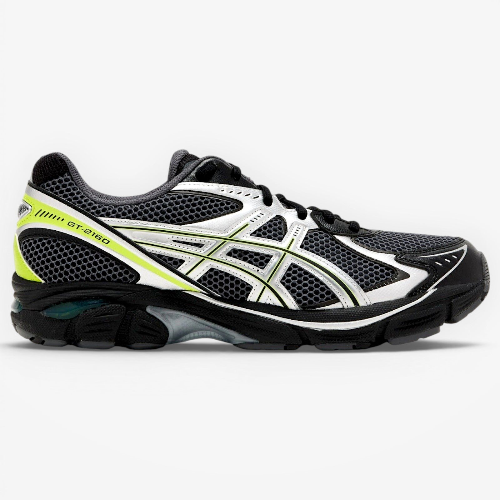 METRO ASICS GT-2160 black and lime zest mesh running shoes with silver accents and GEL cushioning.