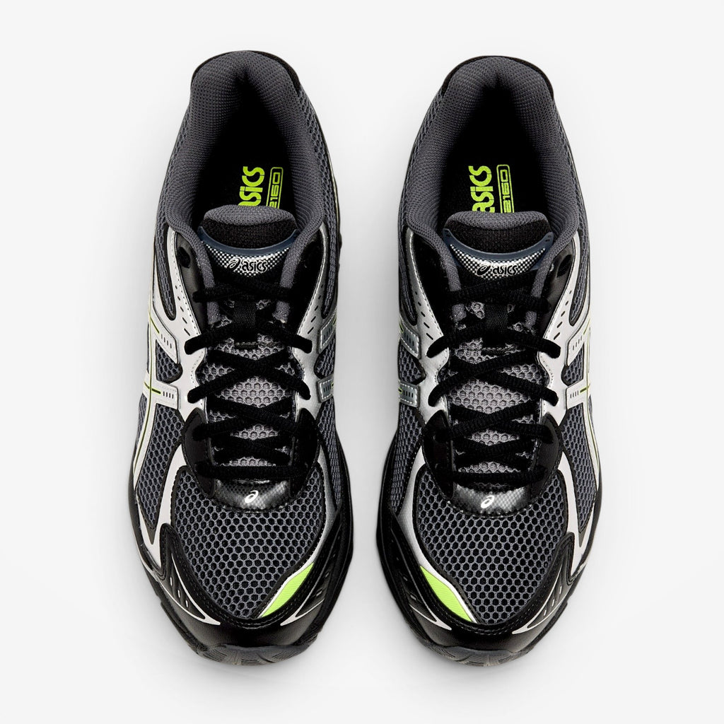 METRO ASICS GT-2160 black and lime zest mesh running shoes with synthetic overlays and GEL cushioning.
