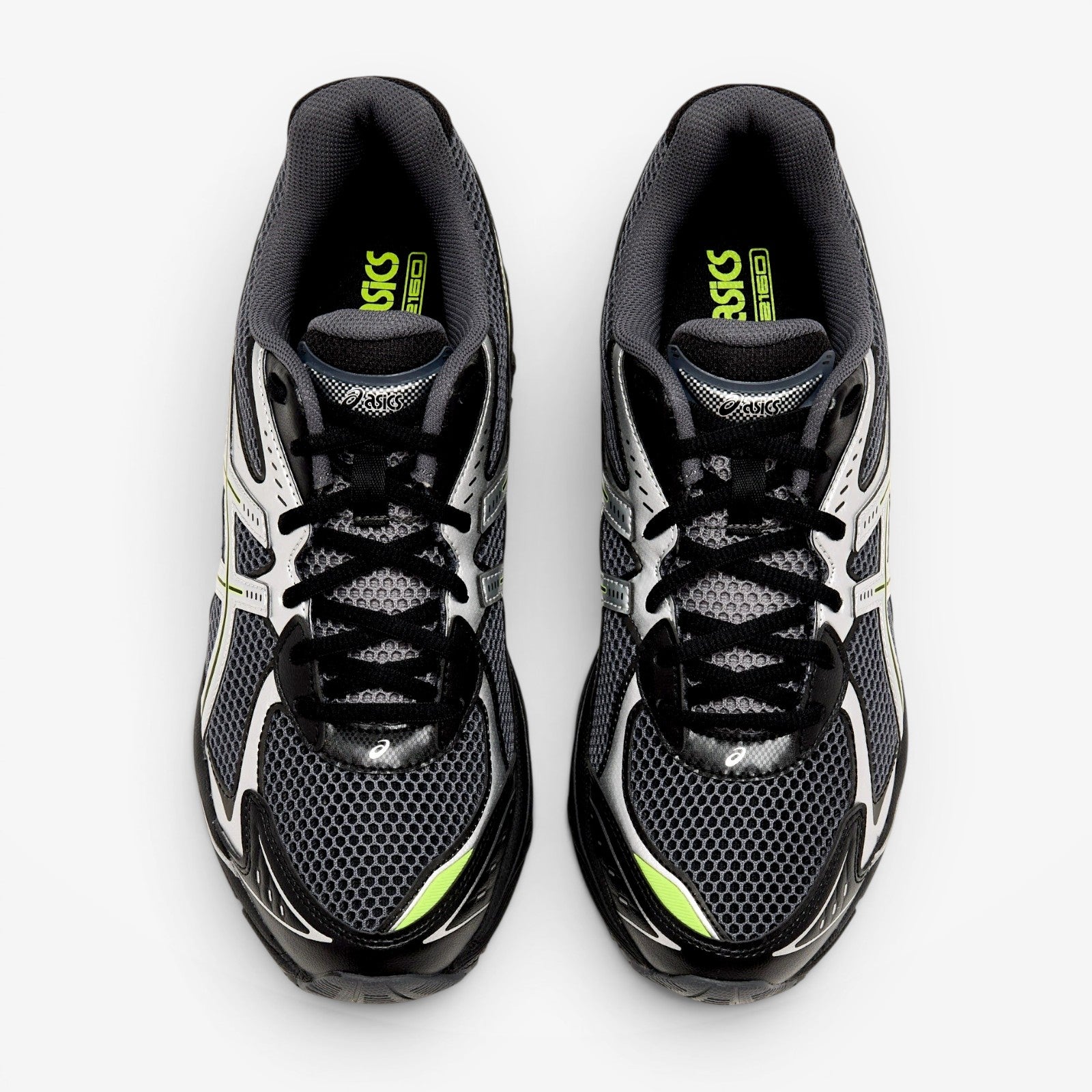 METRO ASICS GT-2160 black and lime zest mesh running shoes with synthetic overlays and GEL cushioning.
