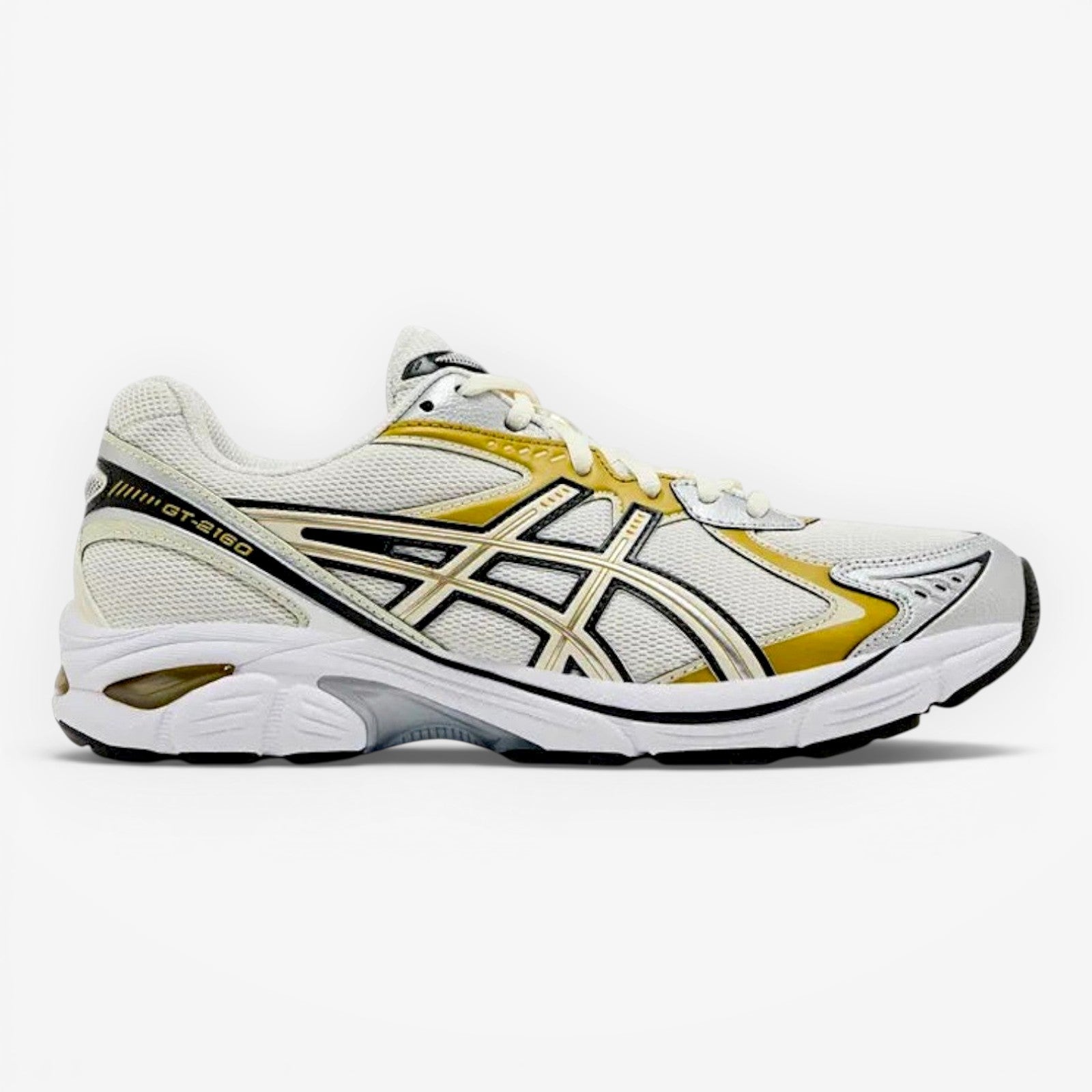 METRO ASICS GT-2160 cream and dark mustard mesh running shoes with synthetic overlays and GEL cushioning.
