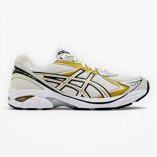 METRO ASICS GT-2160 cream and dark mustard mesh running shoes with synthetic overlays and GEL cushioning.