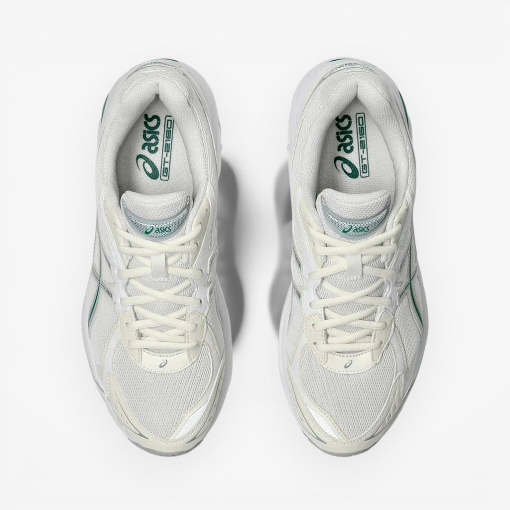 METRO ASICS GT-2160 cream and jasper green mesh and synthetic overlay running shoes with GEL cushioning.