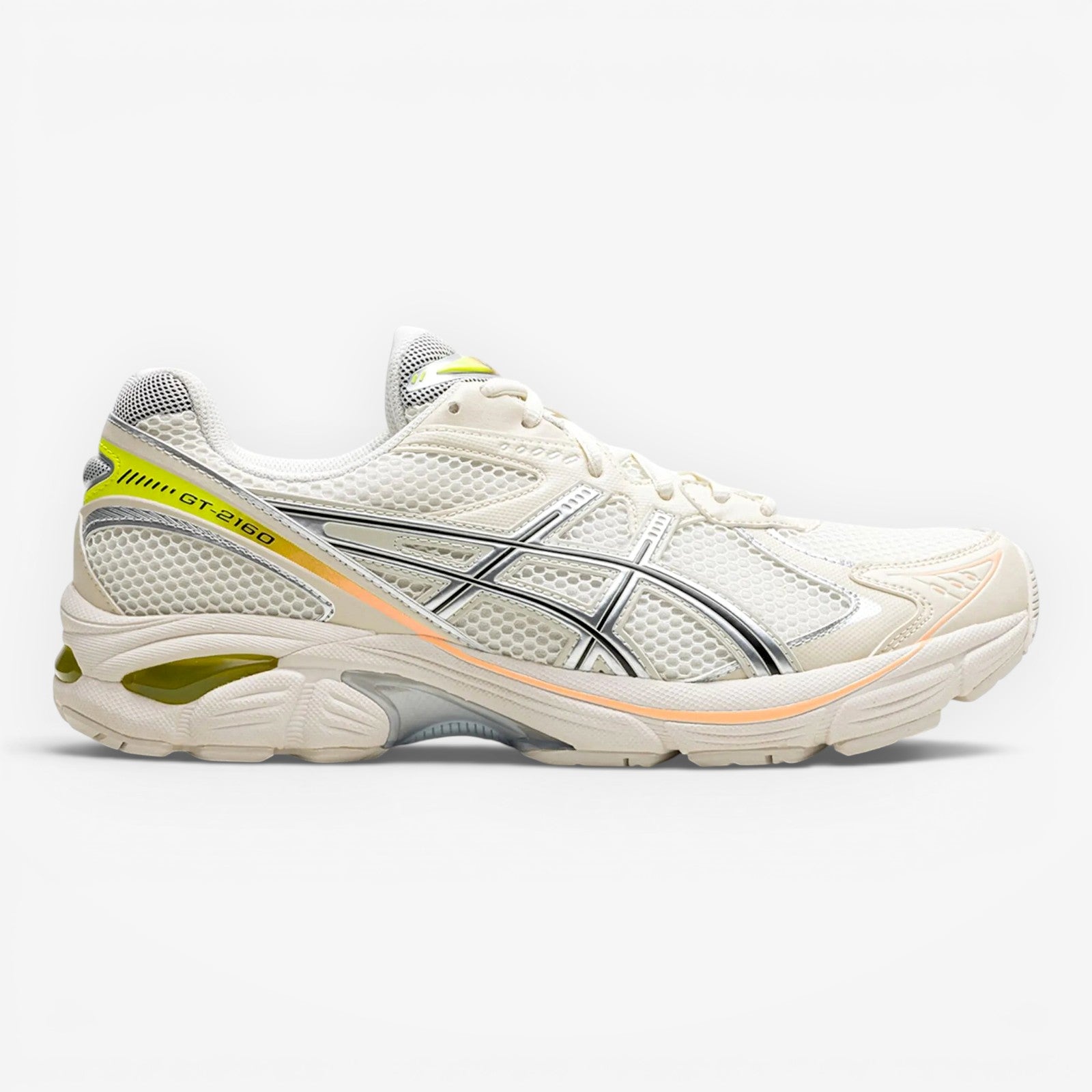 METRO ASICS GT-2160 “Paris” cream mesh and synthetic running shoes with safety yellow accents and GEL cushioning.