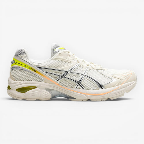METRO ASICS GT-2160 “Paris” cream mesh and synthetic running shoes with safety yellow accents and GEL cushioning.