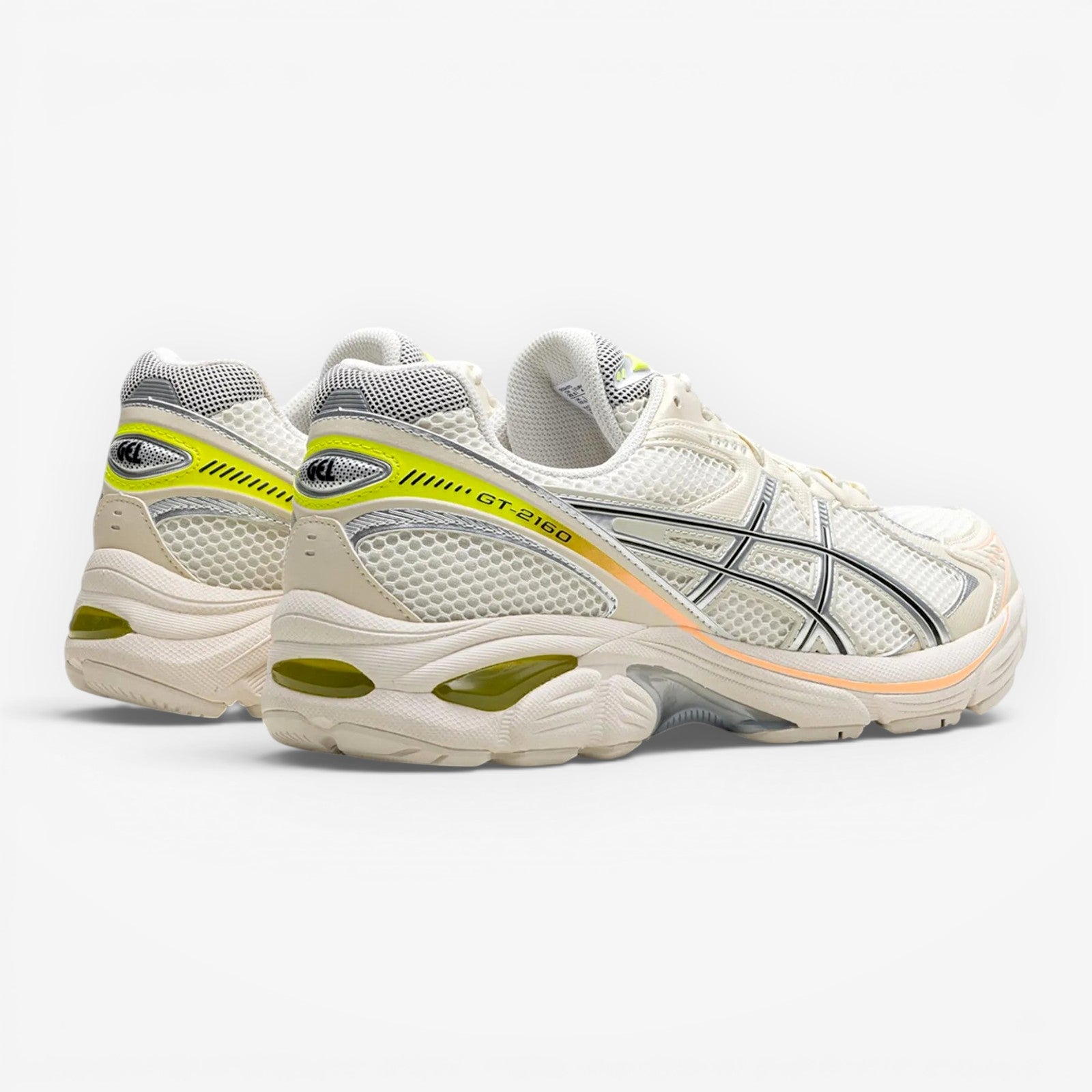 METRO ASICS GT-2160 “Paris” cream mesh running shoes with safety yellow accents and GEL cushioning.