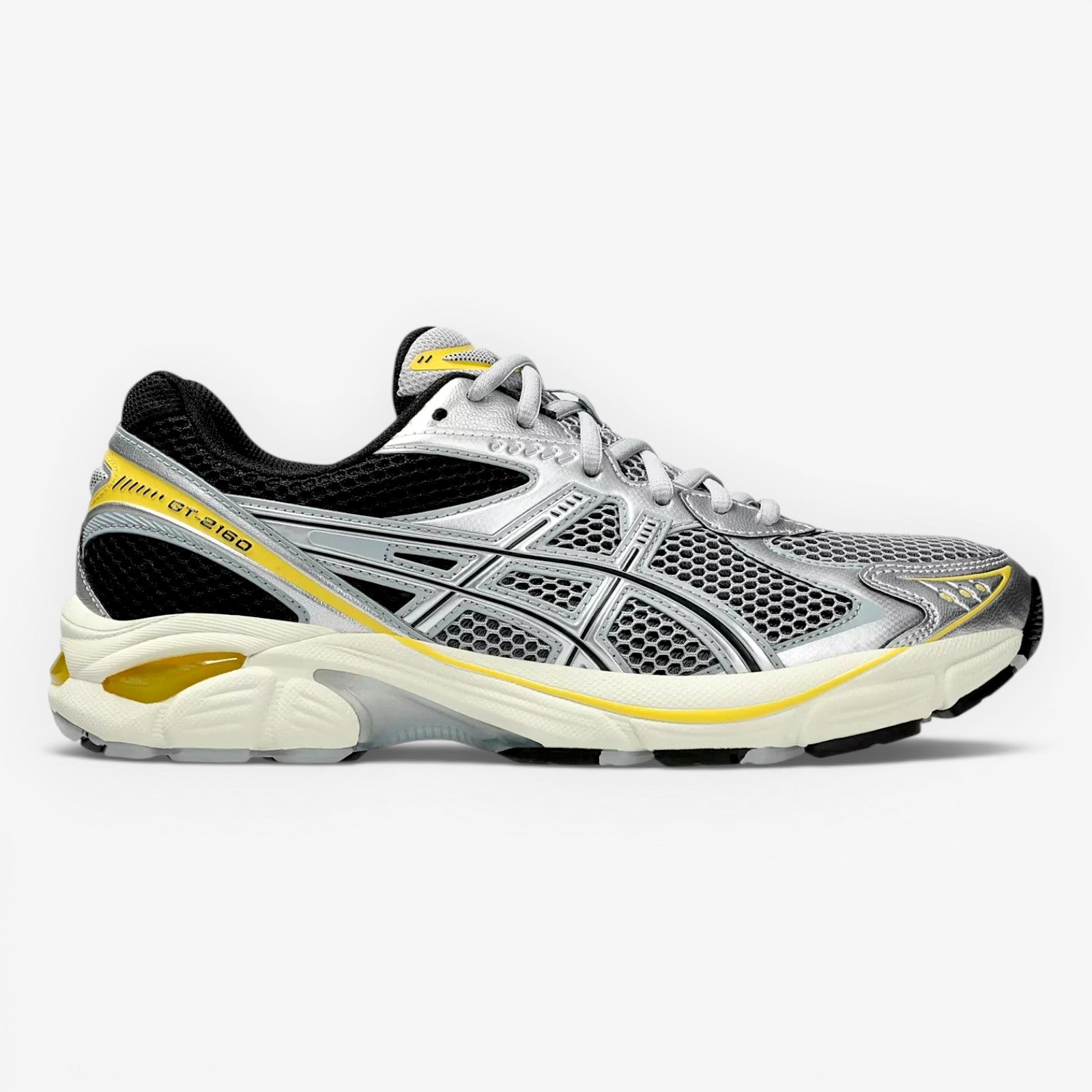 METRO Asics GT-2160 running shoes in Piedmont Grey and Pure Silver with mesh and synthetic overlays, GEL cushioning, and yellow accents.