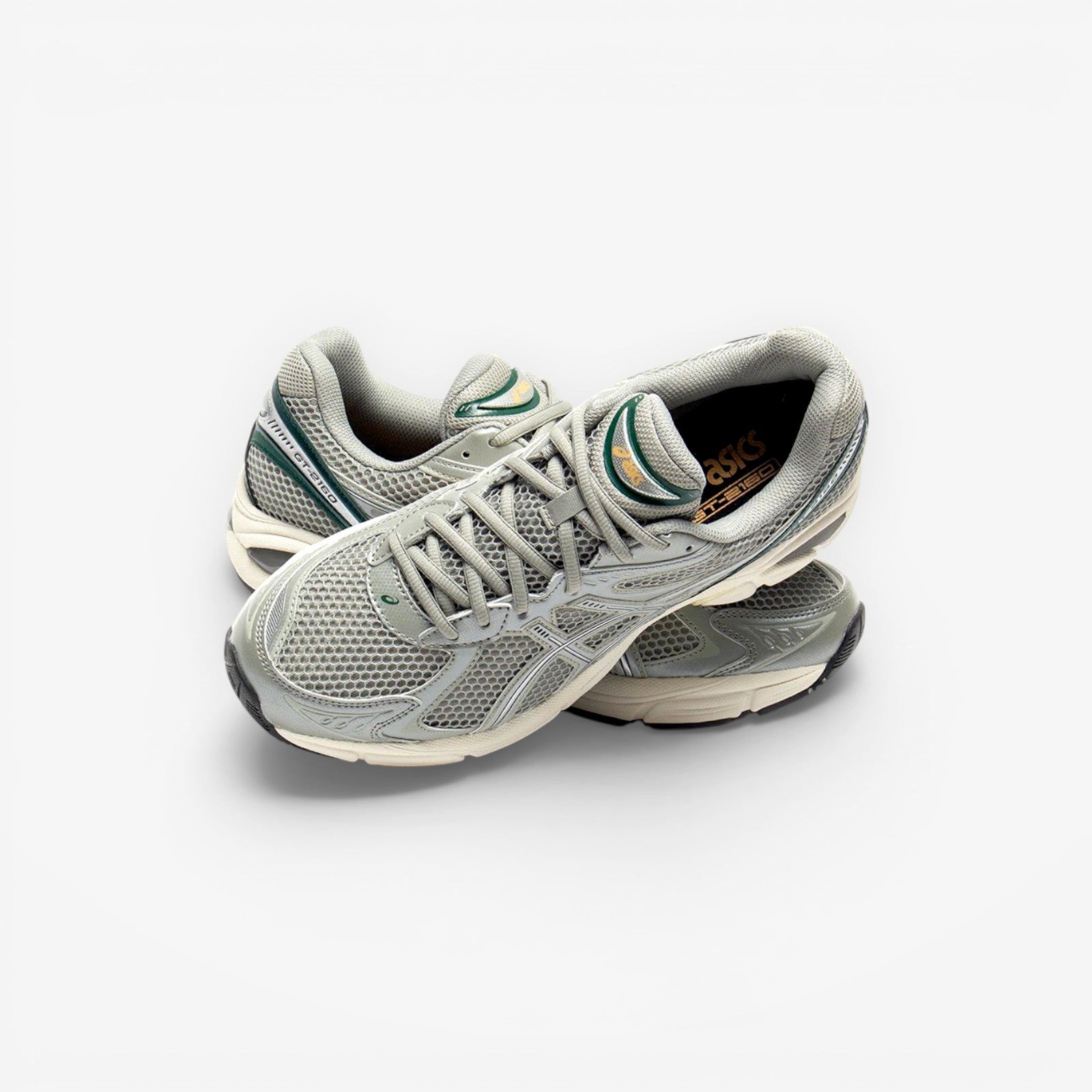 METRO ASICS GT-2160 men's running shoes in seal grey with jewel green accents, mesh upper, and GEL cushioning.