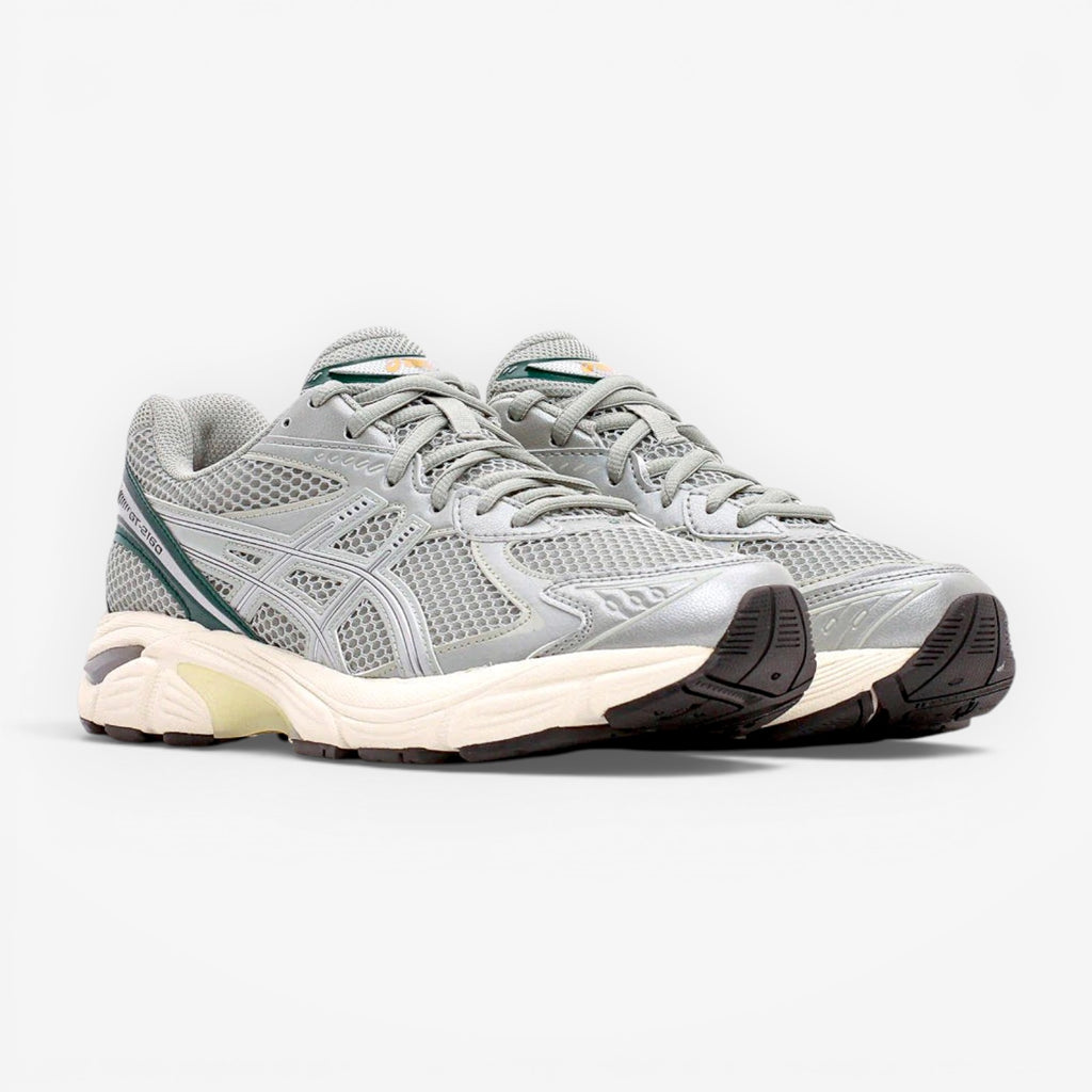 METRO ASICS GT-2160 men's running shoes in seal grey mesh with jewel green accents and silver overlays.