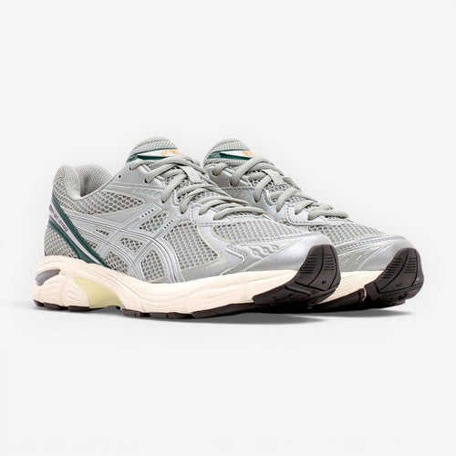 METRO ASICS GT-2160 men's running shoes in seal grey mesh with jewel green accents and silver overlays.