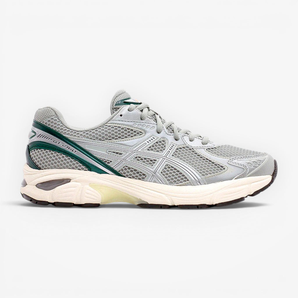 METRO ASICS GT-2160 men's running shoes in seal grey mesh with jewel green accents and silver overlays.