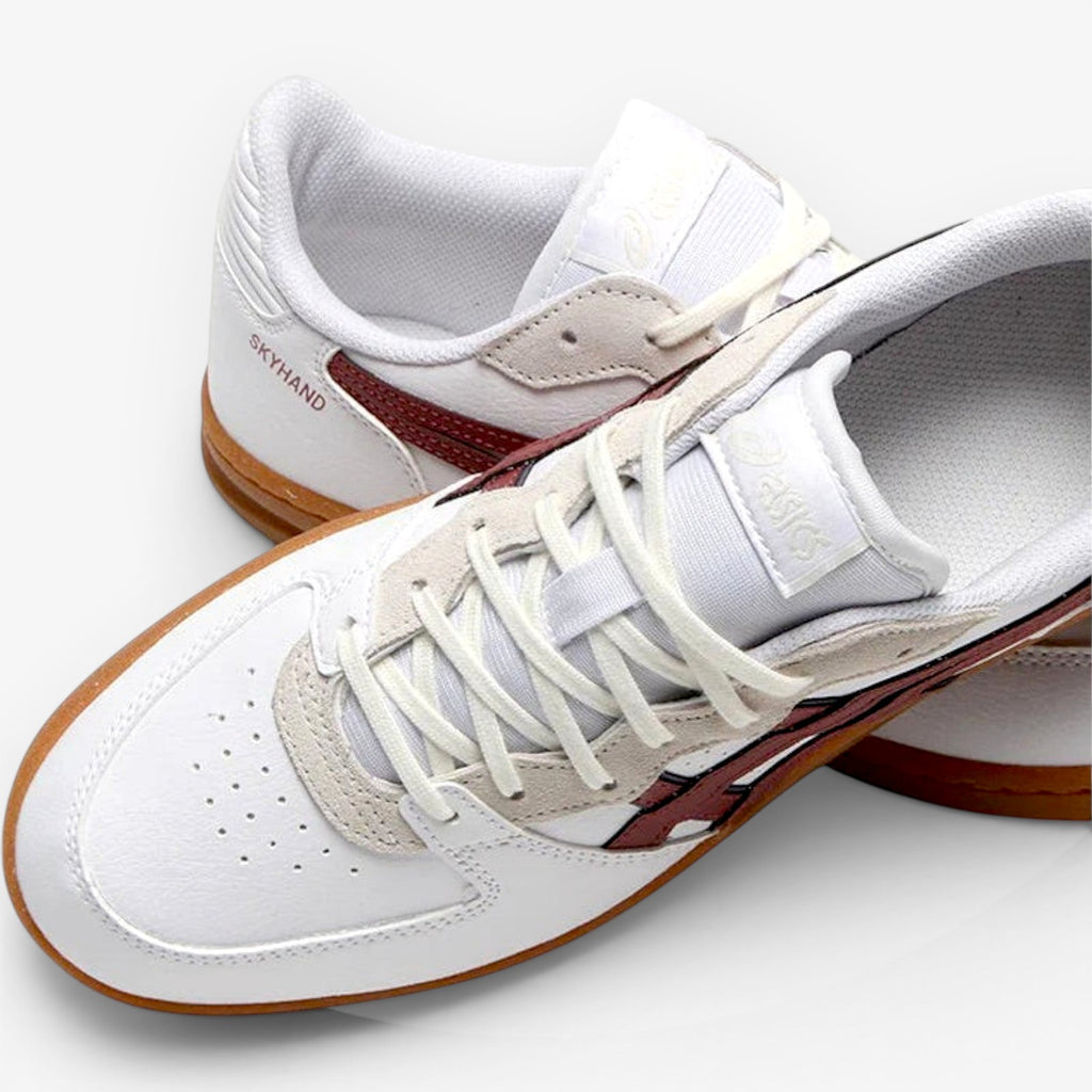METRO ASICS Skyhand OG low-top sneakers in white leather and suede with brisket red accents and a gum sole.