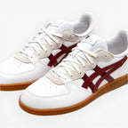 METRO ASICS Skyhand OG low-top sneakers in white leather and suede with brisket red accents and gum sole.