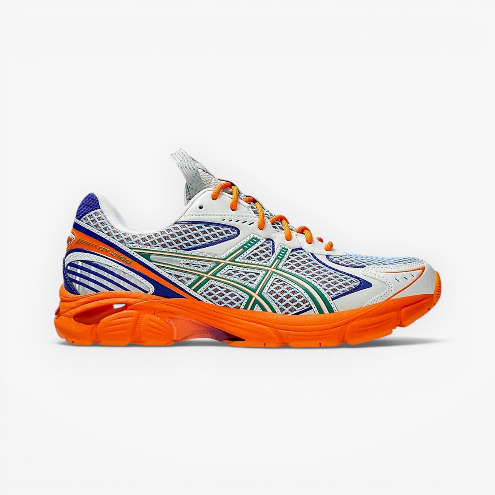 METRO ASICS UB7-S GT-2160 sneakers in lava orange, jasper green, white, and blue. Mesh and synthetic upper with metallic details.