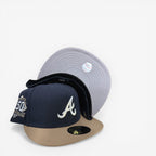 METRO Atlanta Braves 150th Anniversary fitted hat in blue, khaki, and grey with embroidered 'A' logo and 150th patch.
