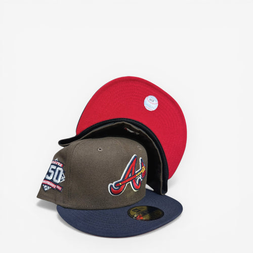 METRO Atlanta Braves 150th Anniversary fitted hat in brown with red UV underbrim and navy brim. Features 59FIFTY silhouette and commemorative patch.