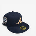 METRO Atlanta Braves 150th Anniversary navy fitted hat with peach UV underbrim and embroidered A logo.